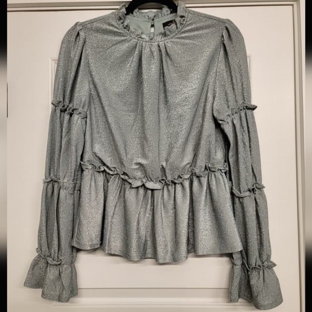 Ontwelfth Holiday Shimmery Metallic Green Longsleeve Ruffle Peplum Top
